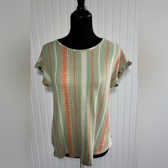 Anneliese Boho Stripe Knit Top Short Sleeve Shirt Women’s Size Small Green - Picture 2 of 15